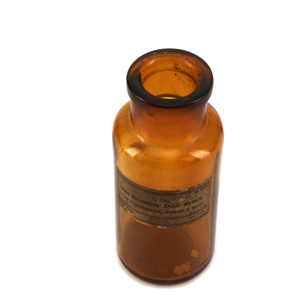 Miniature Brown Glass Medicine Bottle w/ Worn Label (A+D)