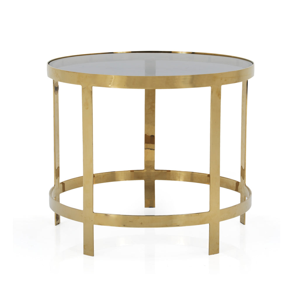 Gold Brass Round Side Table w/ Black Glass