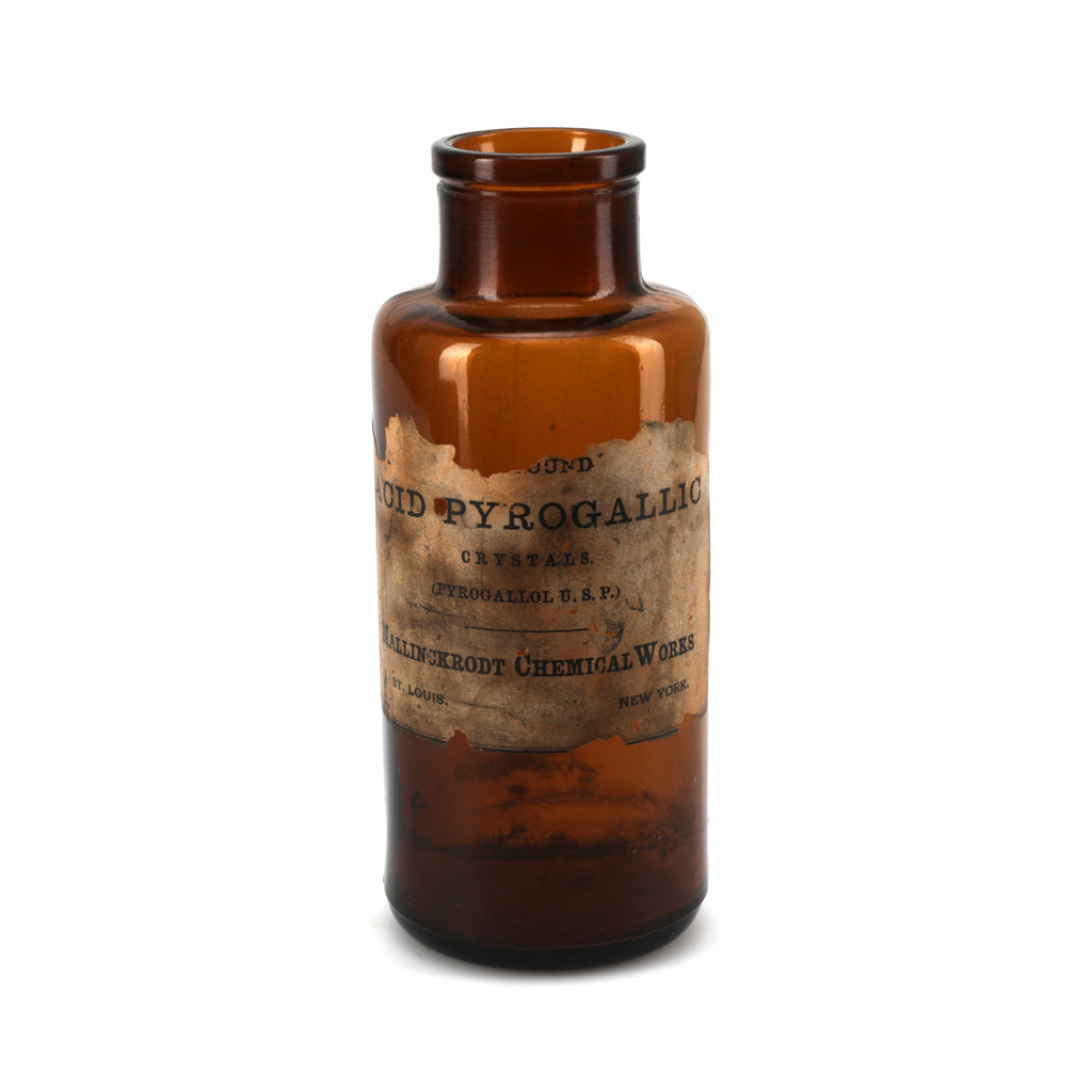 Brown Glass Chemical Bottle w/ Worn Label (A+D)