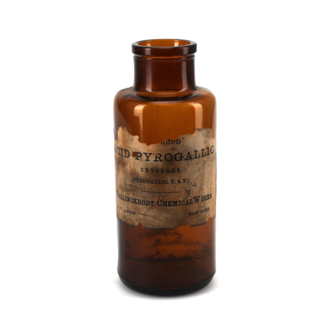 Brown Glass Chemical Bottle w/ Worn Label (A+D)