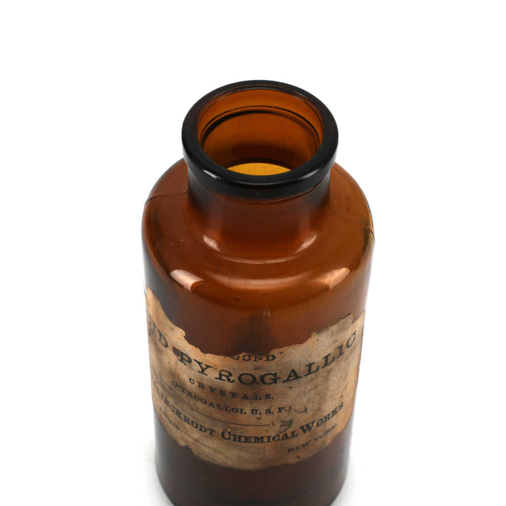 Brown Glass Chemical Bottle w/ Worn Label (A+D)