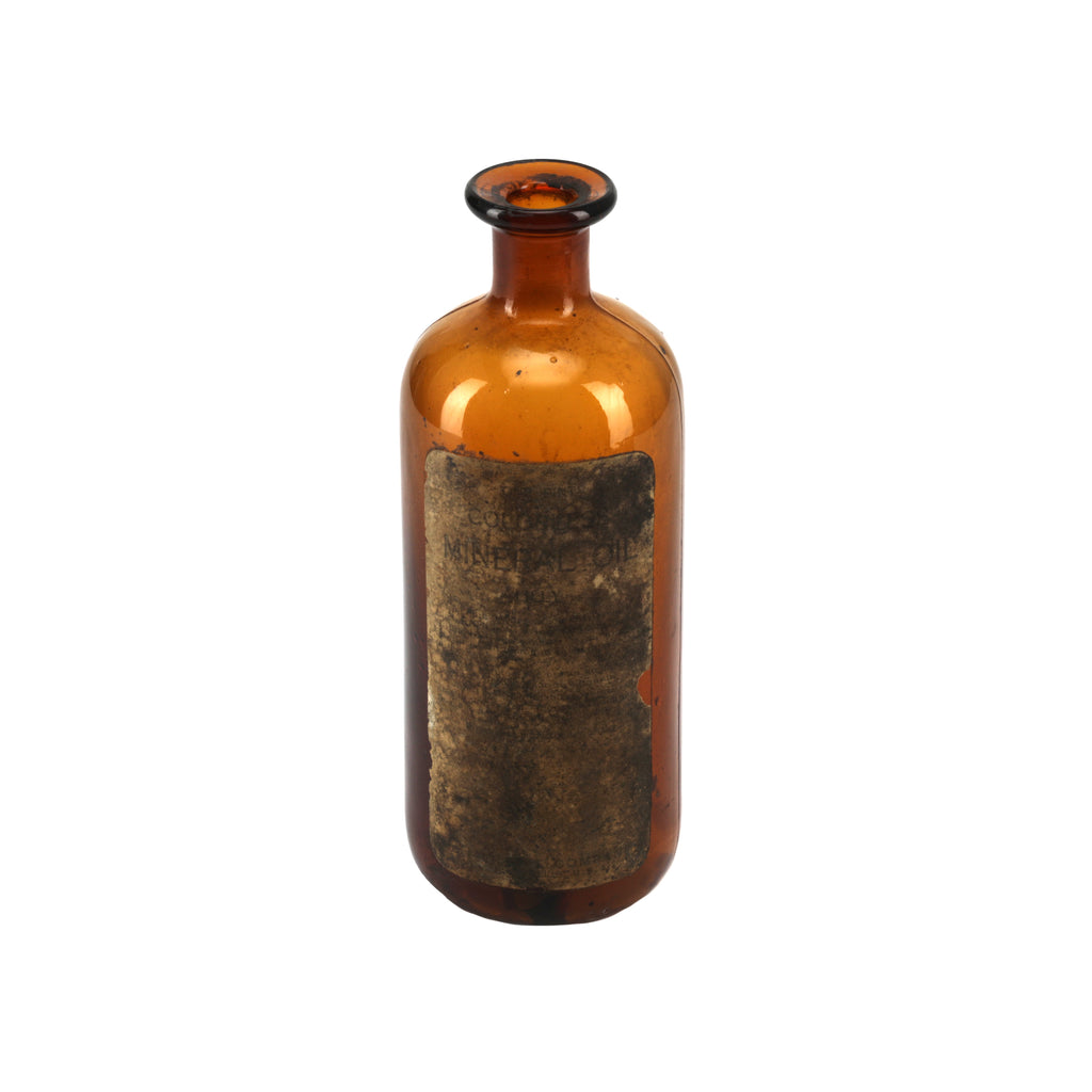 Brown Glass Mineral Oil Bottle w/ Distressed Label (A+D)