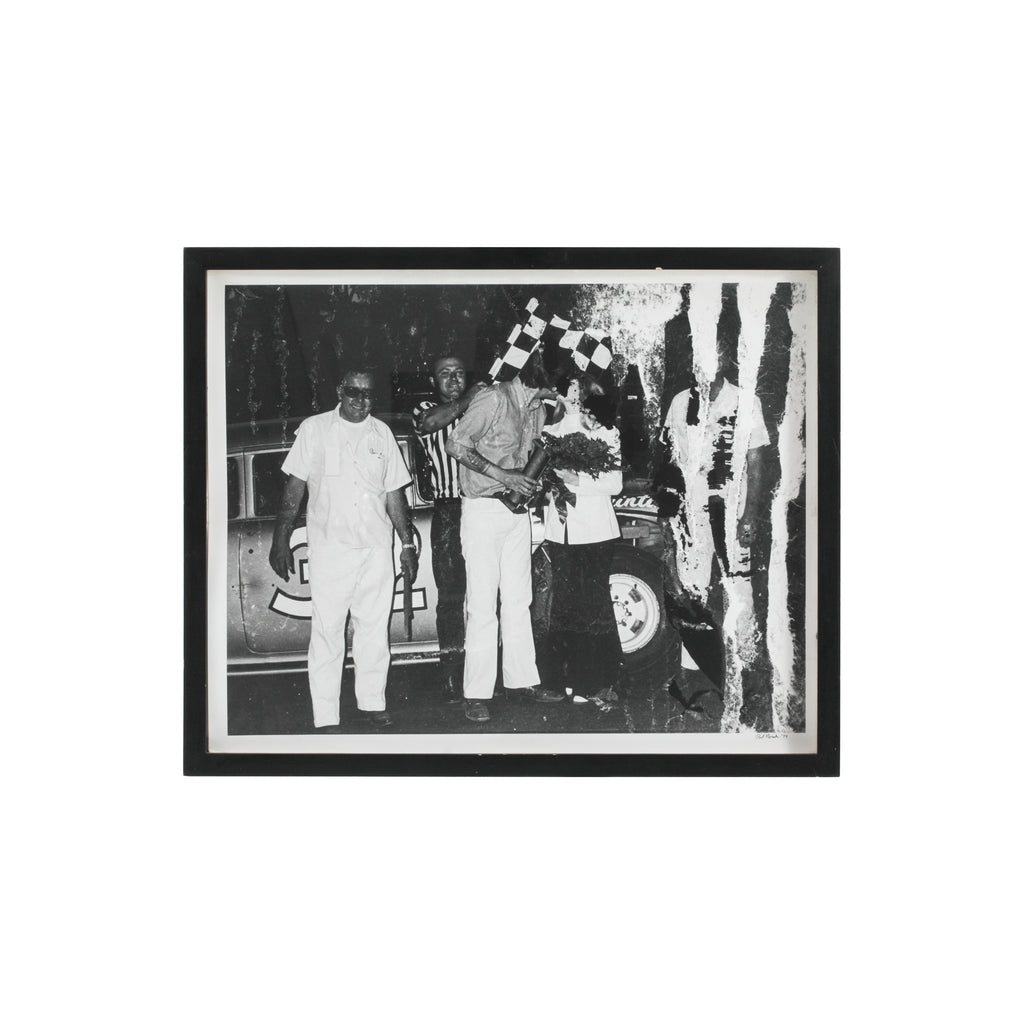 0267 (A+D) B&W Photograph of People w/ Vintage Race Car #32 - Black Frame
