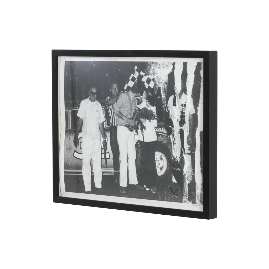 0267 (A+D) B&W Photograph of People w/ Vintage Race Car #32 - Black Frame