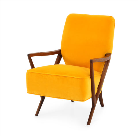 Yellow Velvet Wood Mid Century Chair