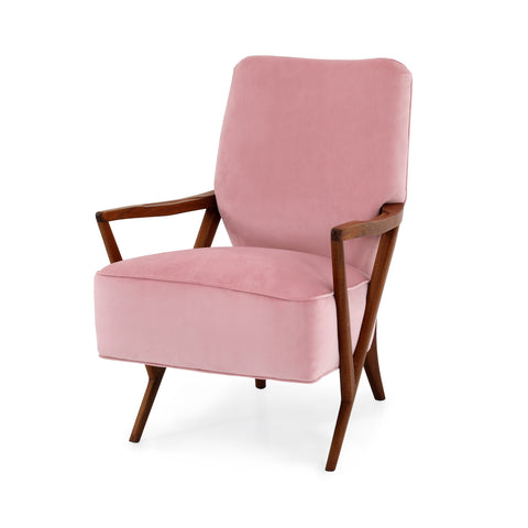 Pink Velvet Wood Mid Century Chair