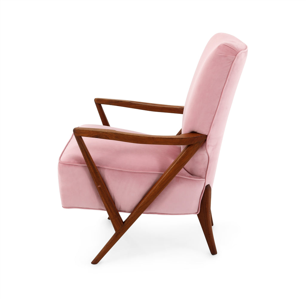 Pink Velvet Wood Mid Century Chair