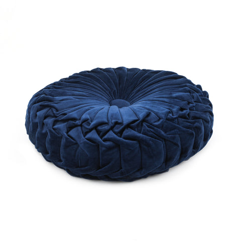 Navy Blue Pleated Velvet Round Pillow