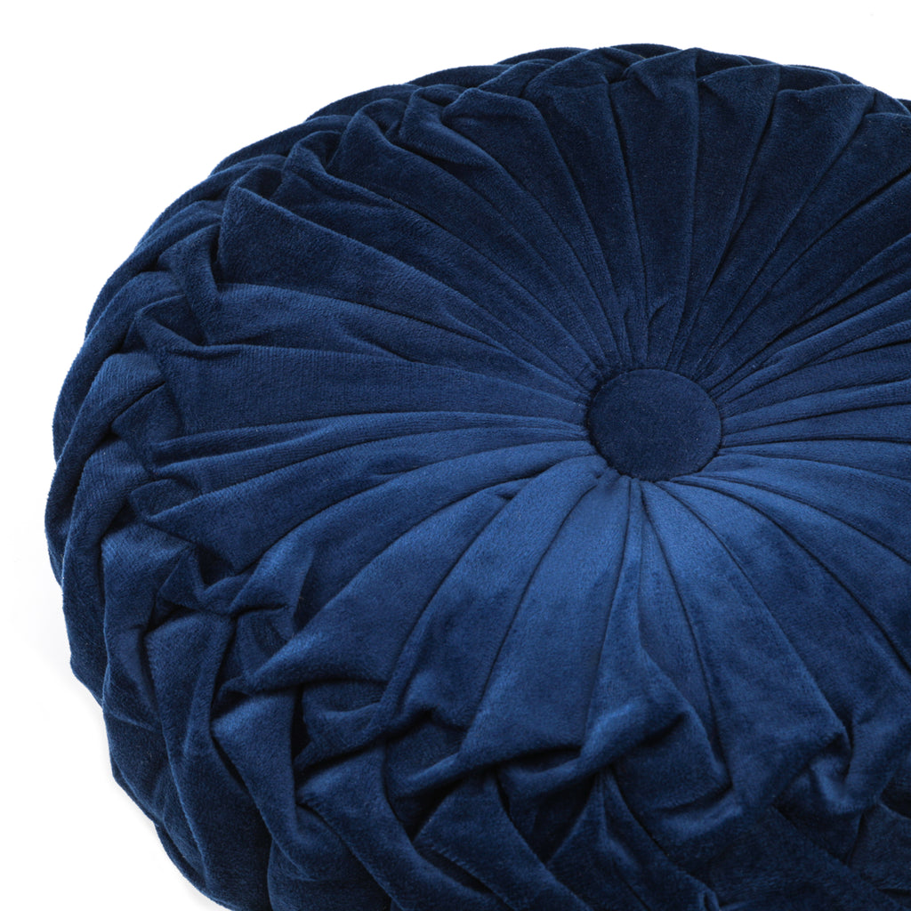 Navy Blue Pleated Velvet Round Pillow