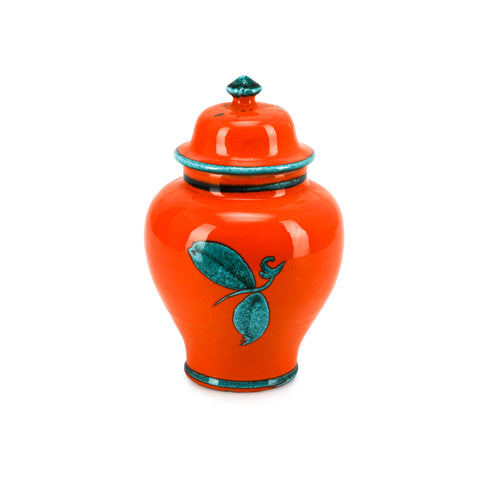 Orange Ceramic Urn w/ Lid and Blue Floral Design
