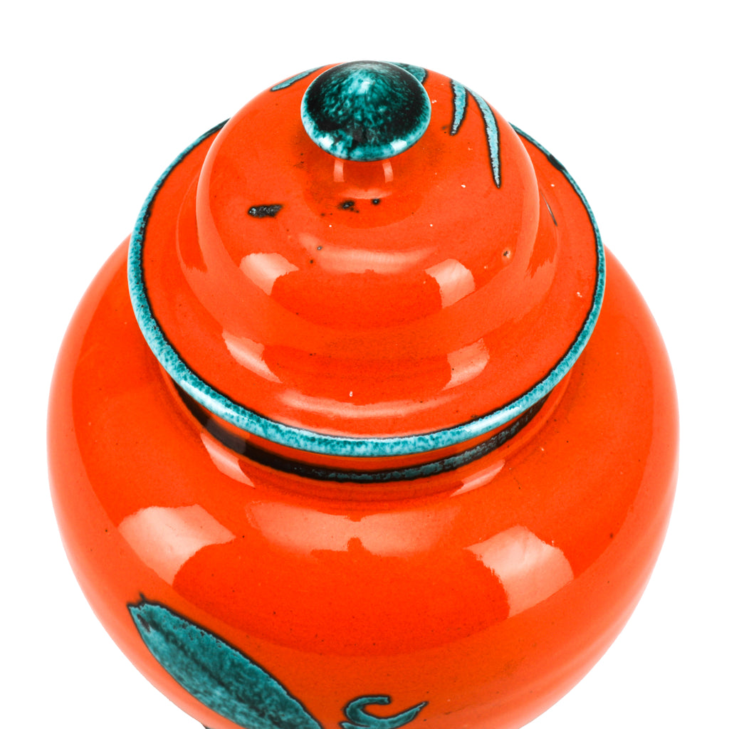 Orange Ceramic Urn w/ Lid and Blue Floral Design