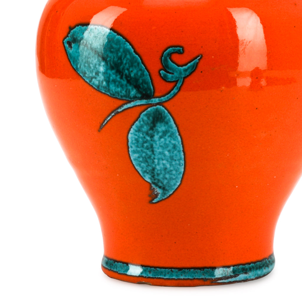 Orange Ceramic Urn w/ Lid and Blue Floral Design