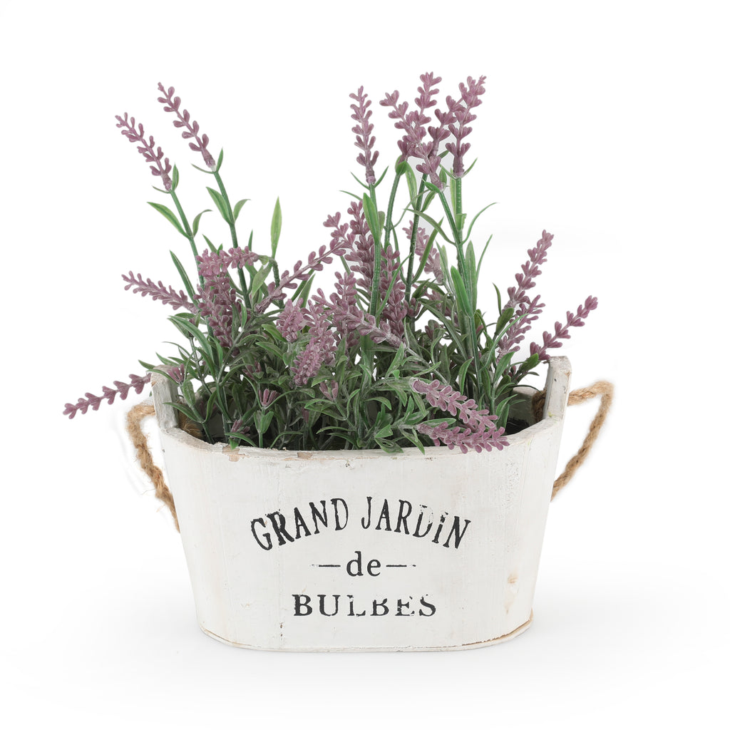 Faux Lavender Plant in White Wooden Pot (A+D)