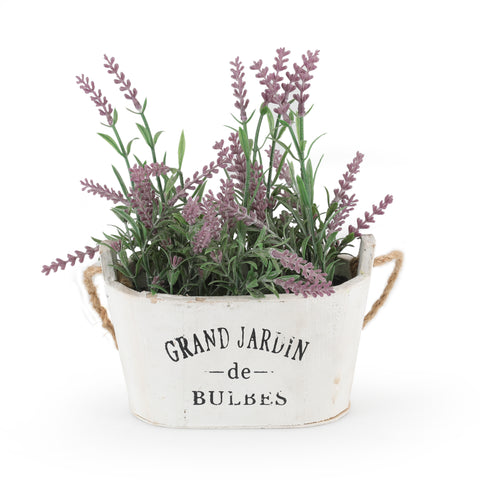 Faux Lavender Plant in White Wooden Pot (A+D)