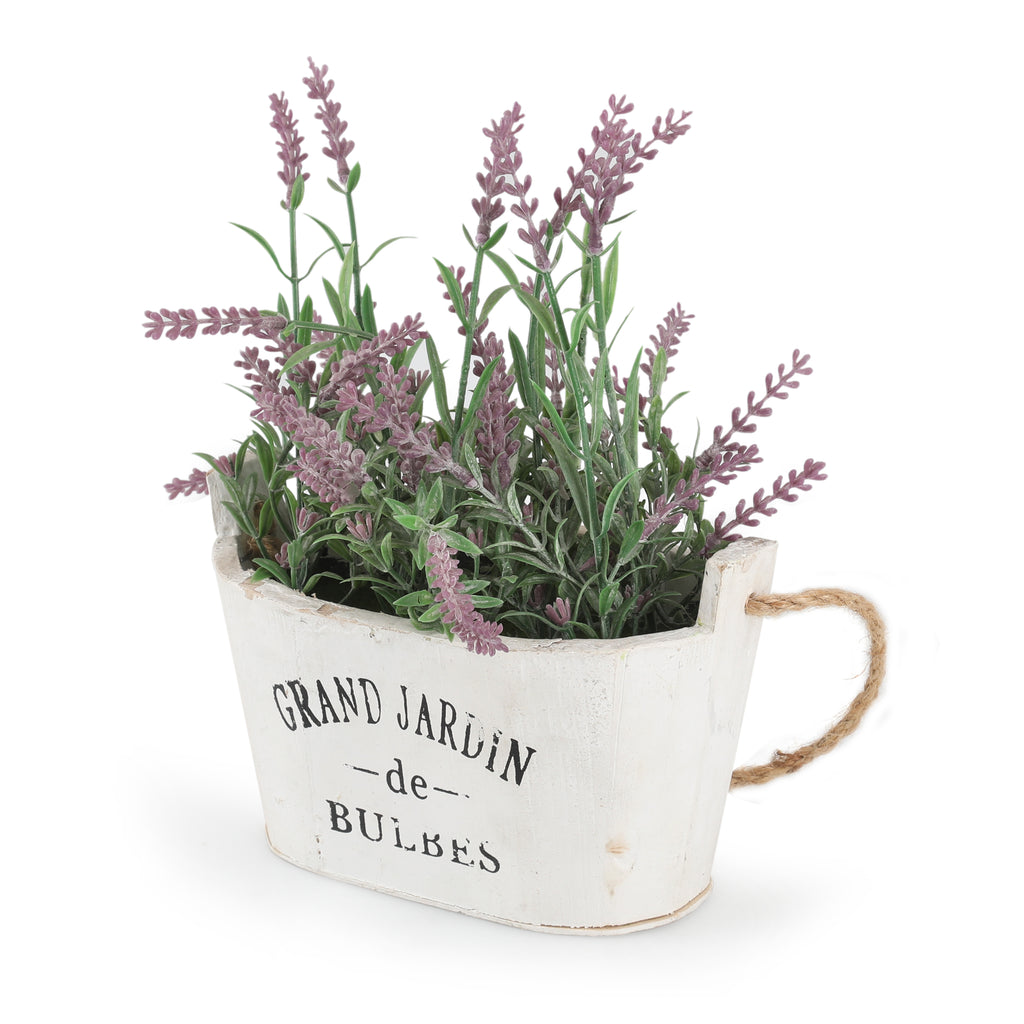 Faux Lavender Plant in White Wooden Pot (A+D)