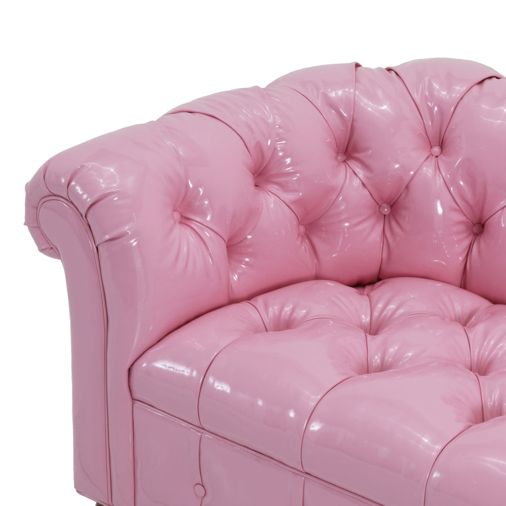 Glossy Pink Leather Tufted Chesterfield Love Seat Sofa