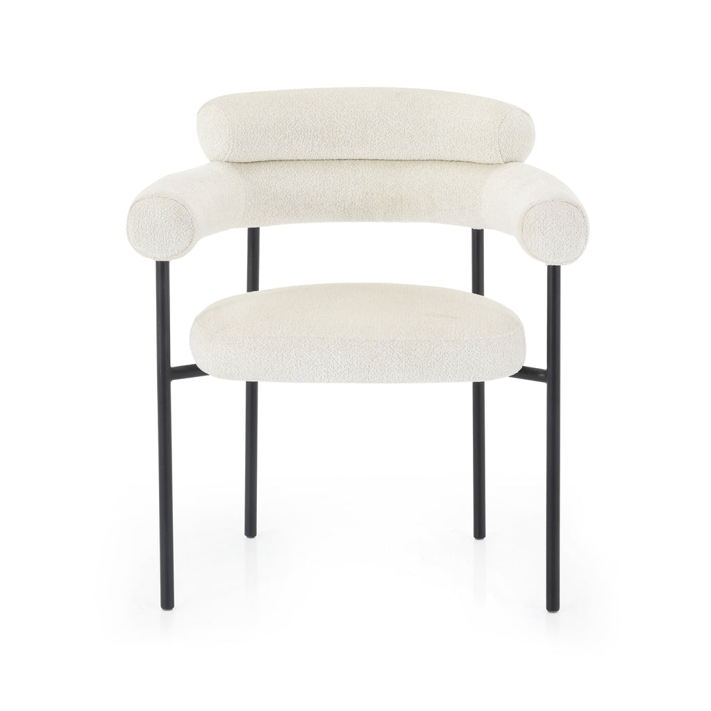 White Boucle Arm Chairs with Black Metal Base