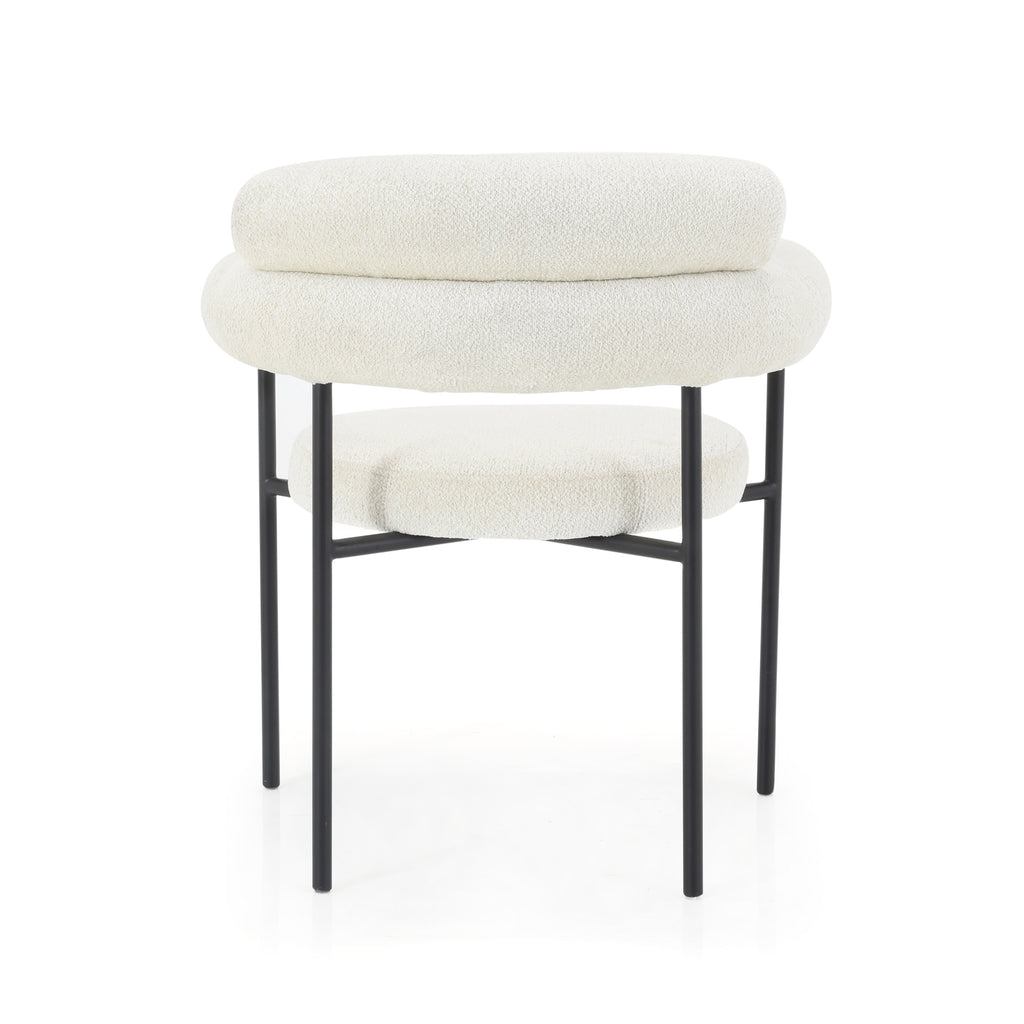 White Boucle Arm Chairs with Black Metal Base