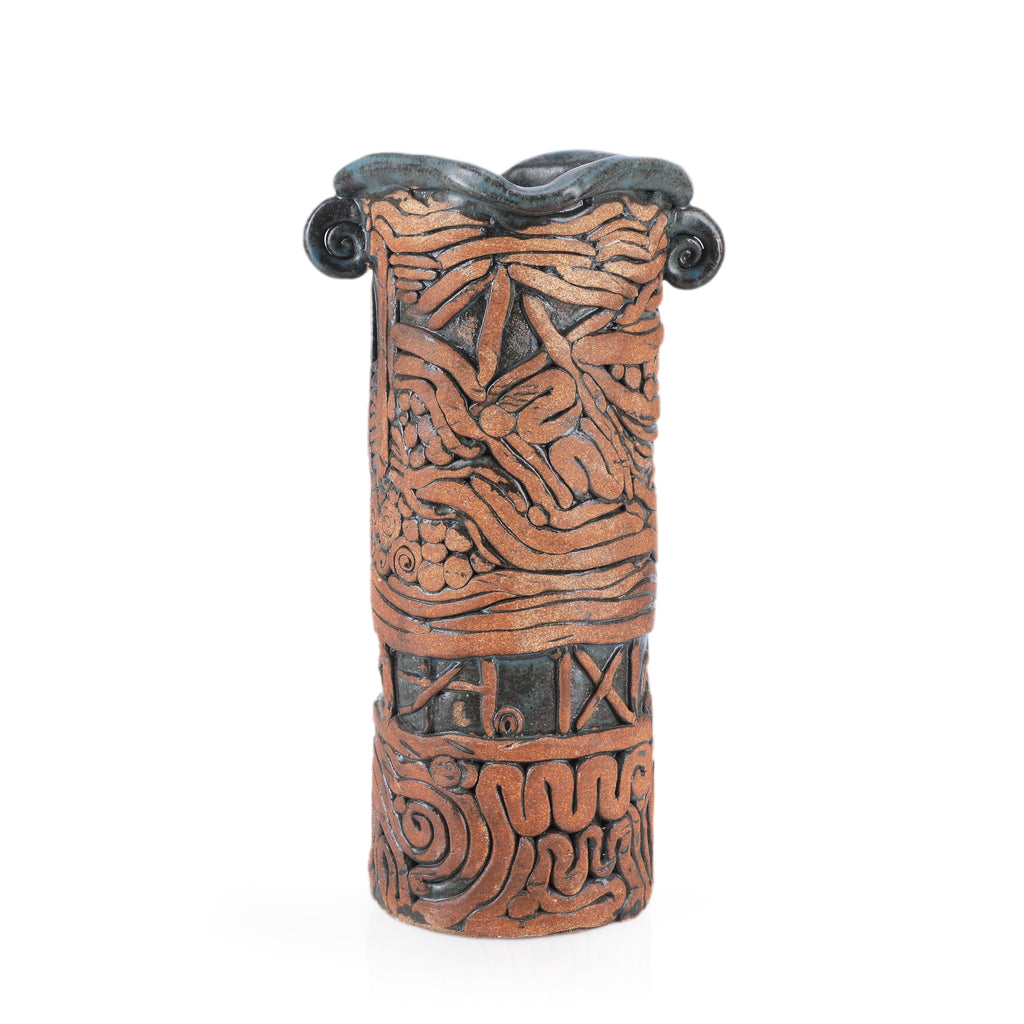 Blue & Bronze Ornate Ceramic Vase (A+D)
