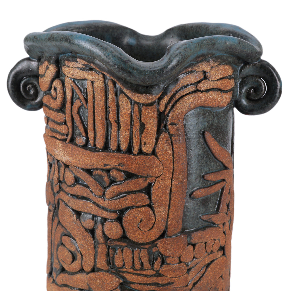 Blue & Bronze Ornate Ceramic Vase (A+D)