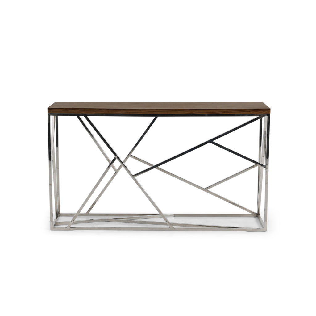 Wood Top Geometric Chrome Console