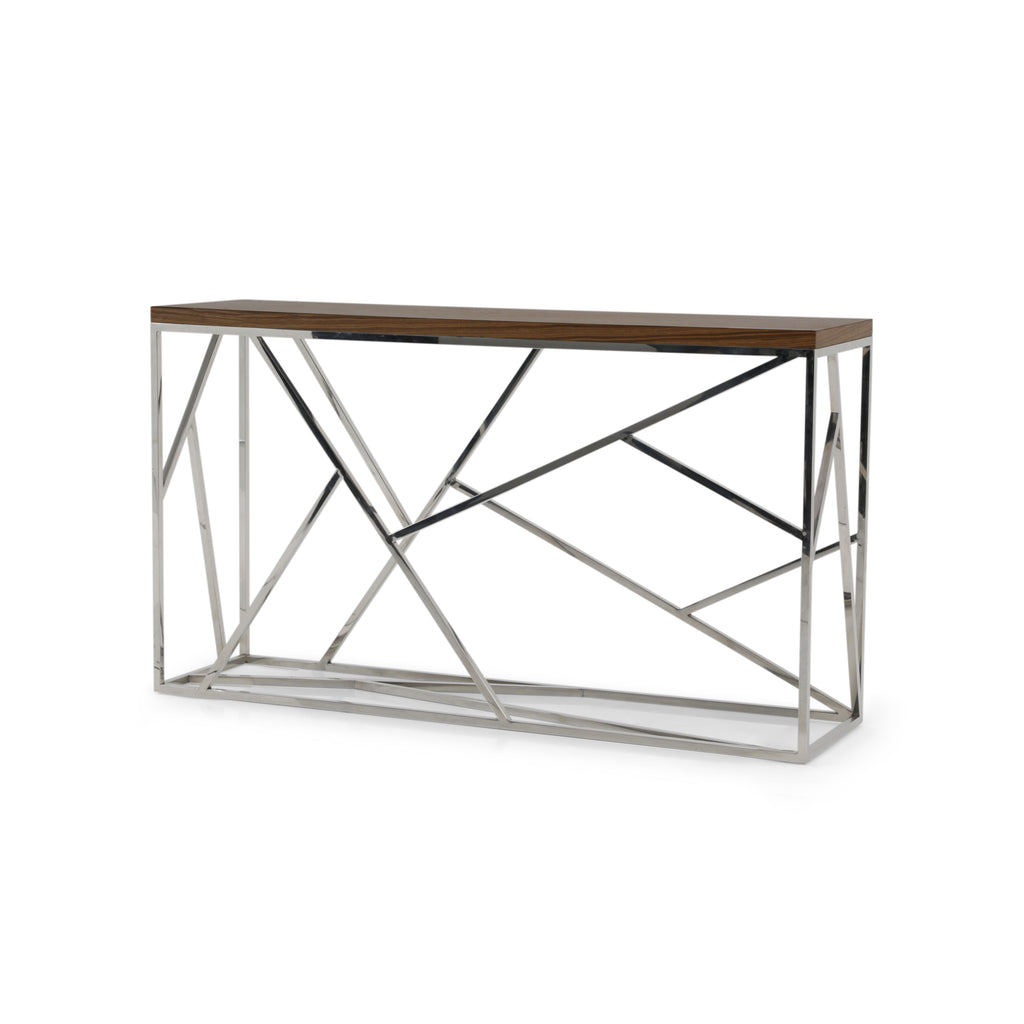 Wood Top Geometric Chrome Console