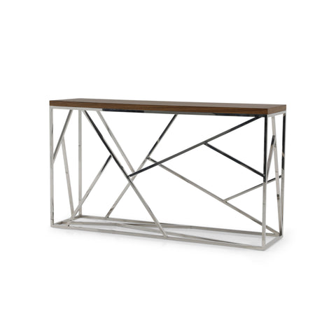 Wood Top Geometric Chrome Console