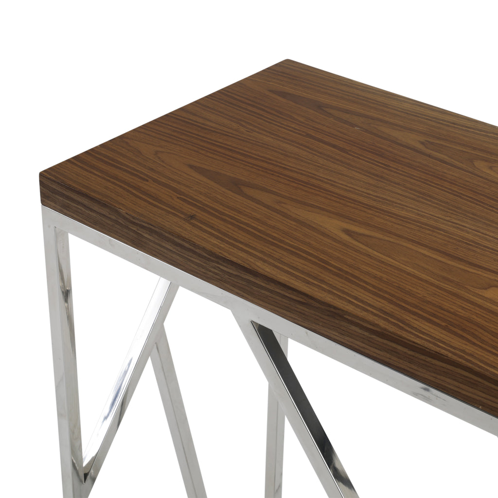 Wood Top Geometric Chrome Console