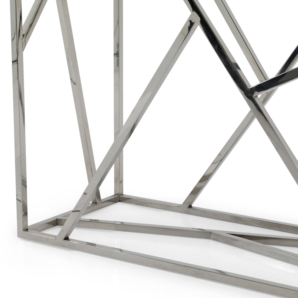 Wood Top Geometric Chrome Console
