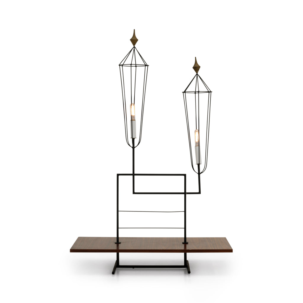 Black Metal Double Floor Lamp w/ Wood Shelf