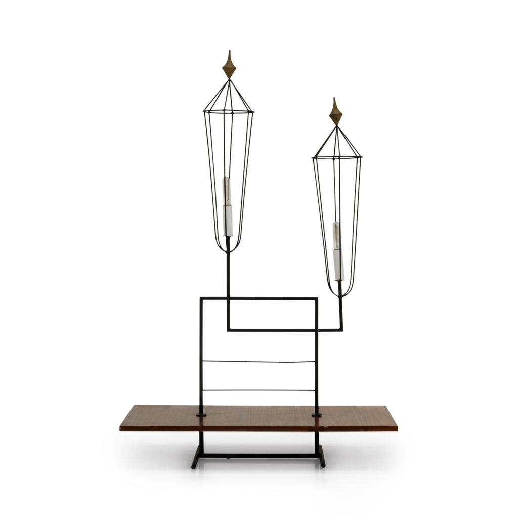 Black Metal Double Floor Lamp w/ Wood Shelf