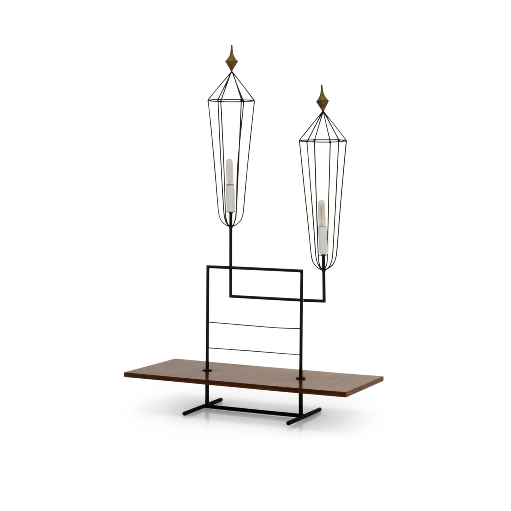 Black Metal Double Floor Lamp w/ Wood Shelf