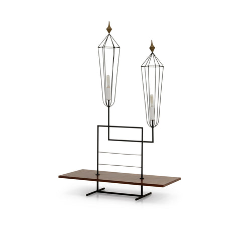 Black Metal Double Floor Lamp w/ Wood Shelf
