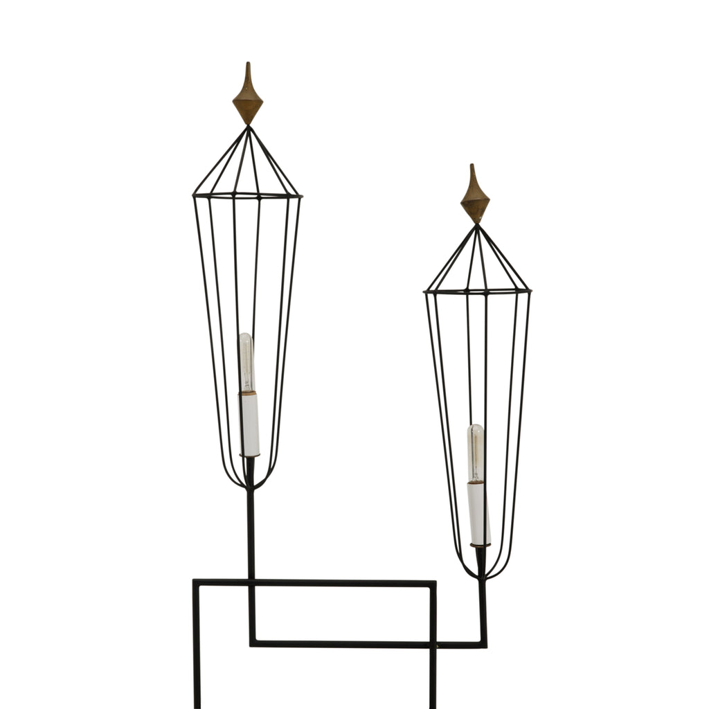 Black Metal Double Floor Lamp w/ Wood Shelf