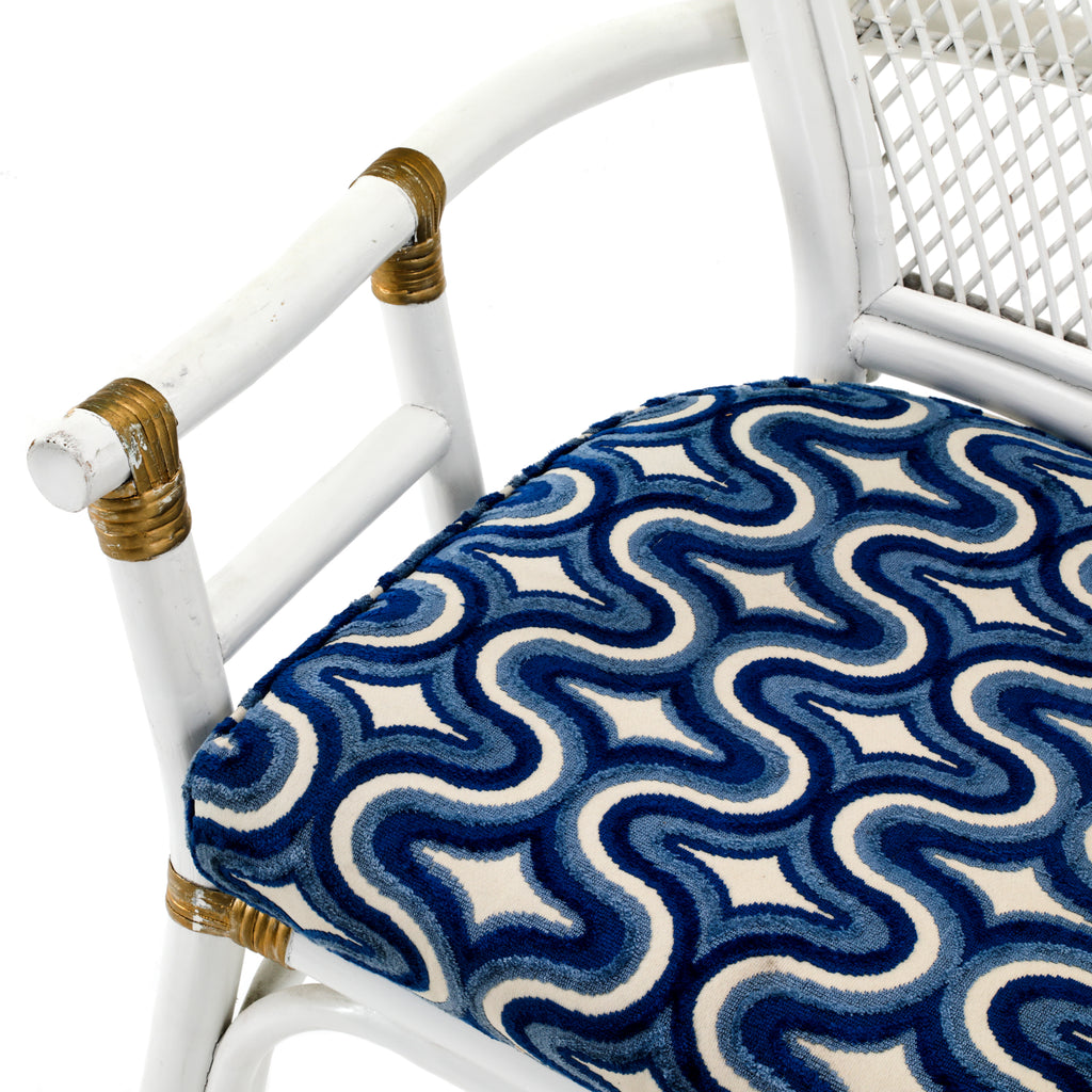 White Rattan & Blue Cushion Outdoor Arm Chair