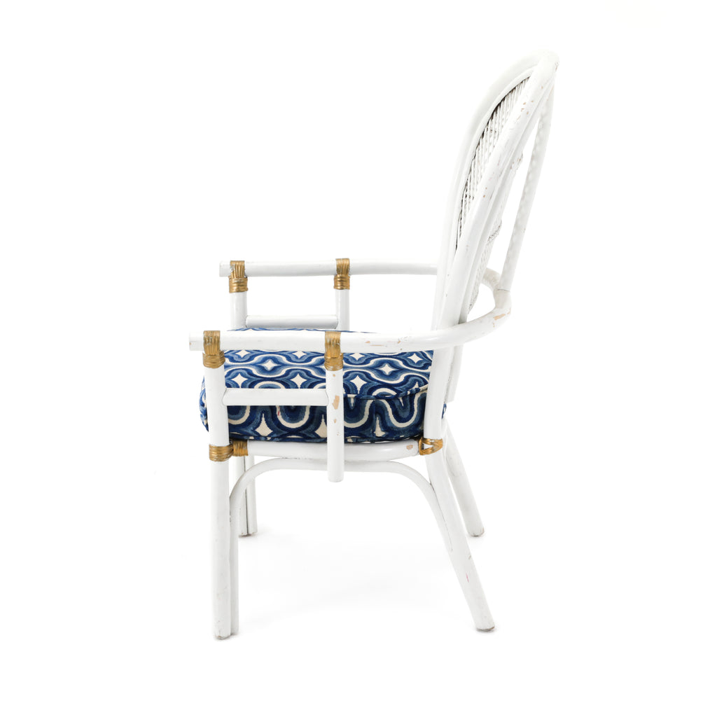 White Rattan & Blue Cushion Outdoor Arm Chair