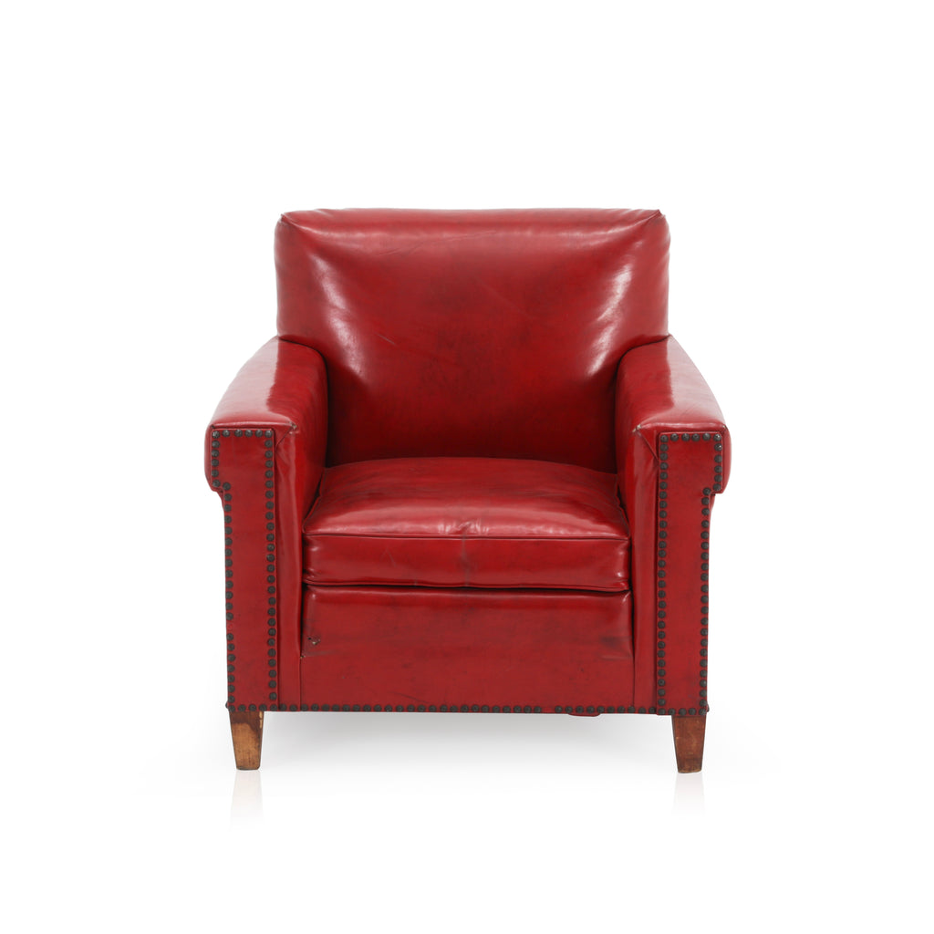 Red Leather Riveted Arm Chair