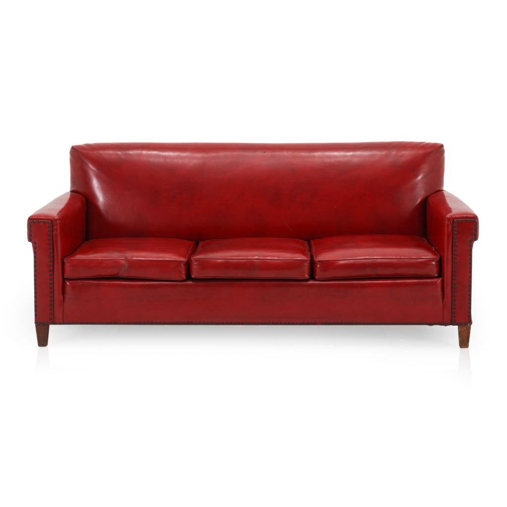 Red Leather Riveted Sofa