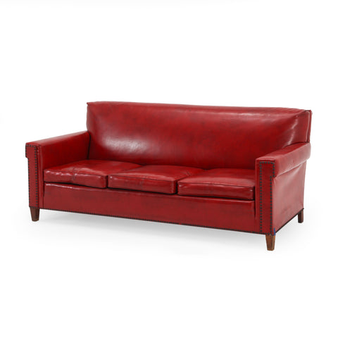 Red Leather Riveted Sofa
