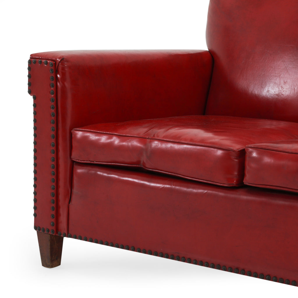 Red Leather Riveted Sofa