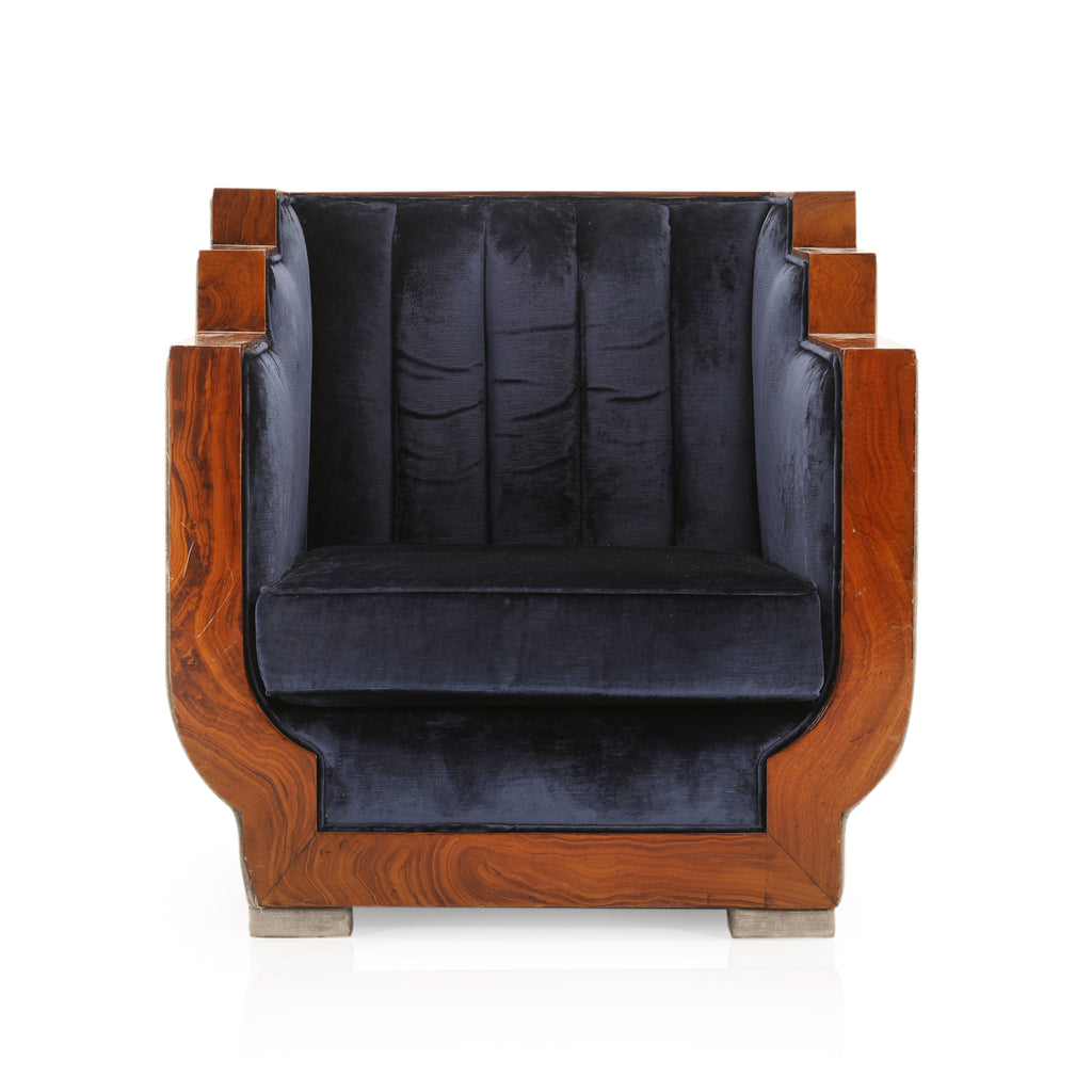 Blue Velvet Stepped Wood Deco Arm Chair
