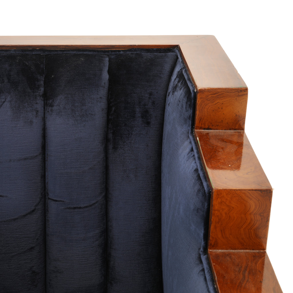 Blue Velvet Stepped Wood Deco Arm Chair
