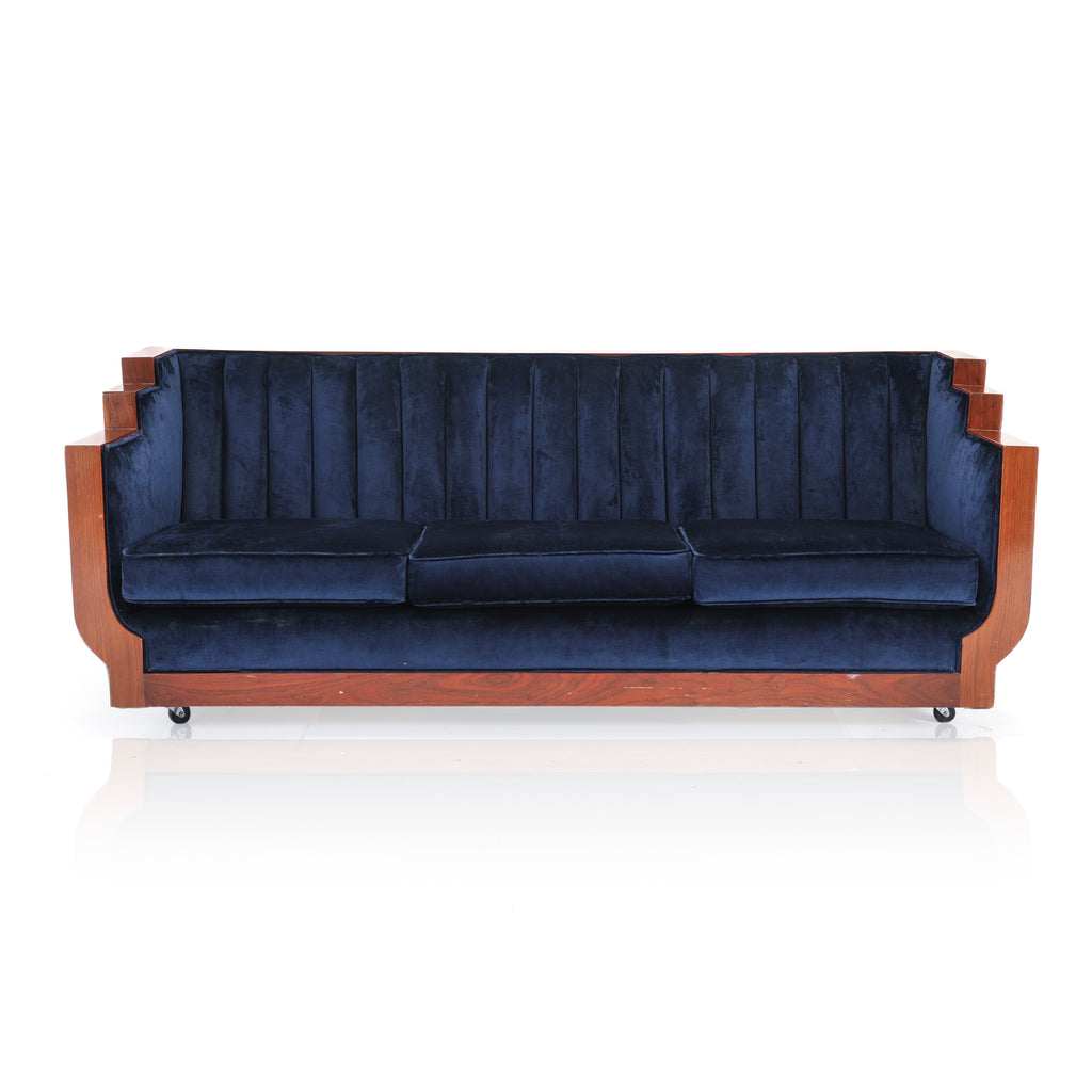 Blue Velvet Stepped Wood Deco Sofa