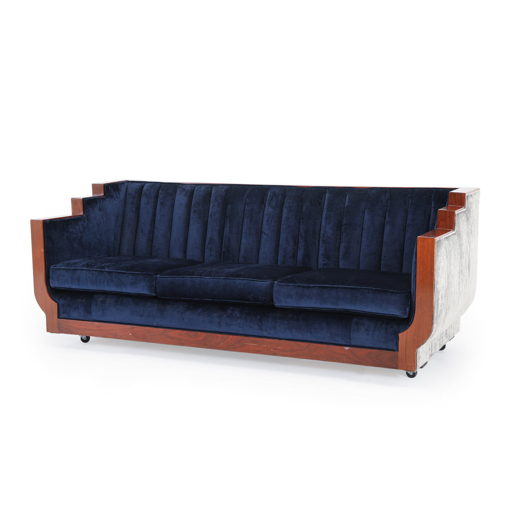 Blue Velvet Stepped Wood Deco Sofa