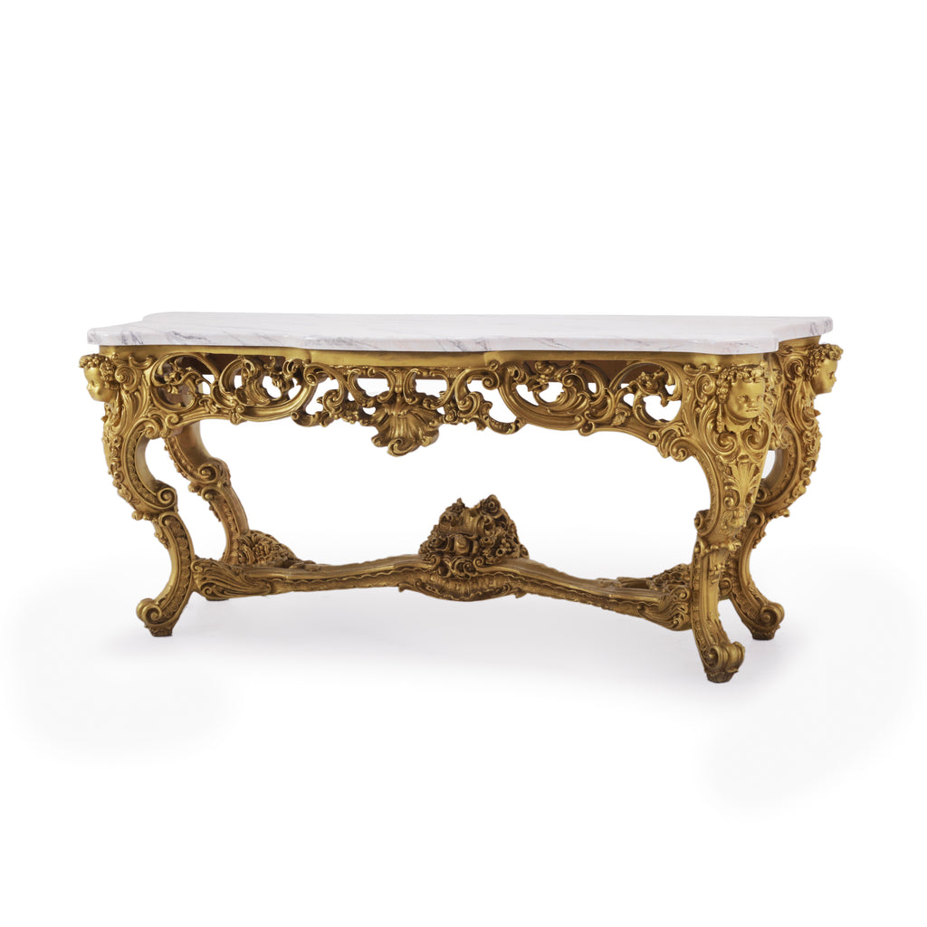 Gold Huge Rococo Console Table with Faux Marble Top