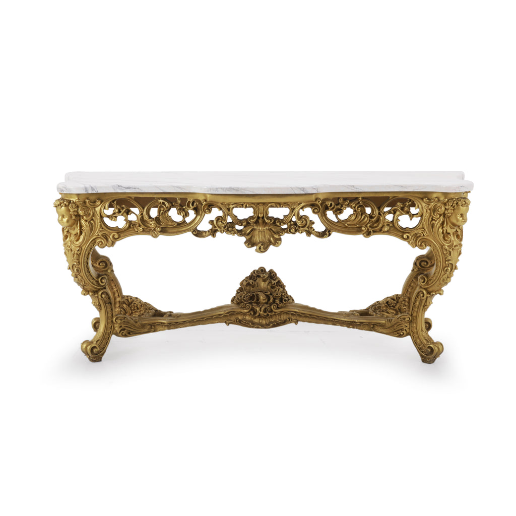 Gold Huge Rococo Console Table with Faux Marble Top