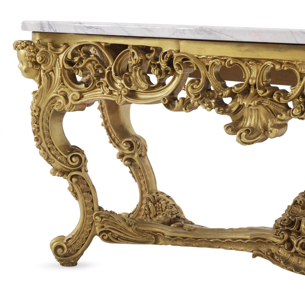 Gold Huge Rococo Console Table with Faux Marble Top