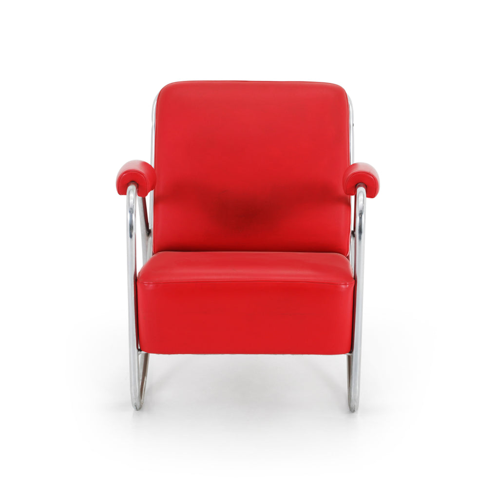 Red Leather / Chrome Deco Armchair