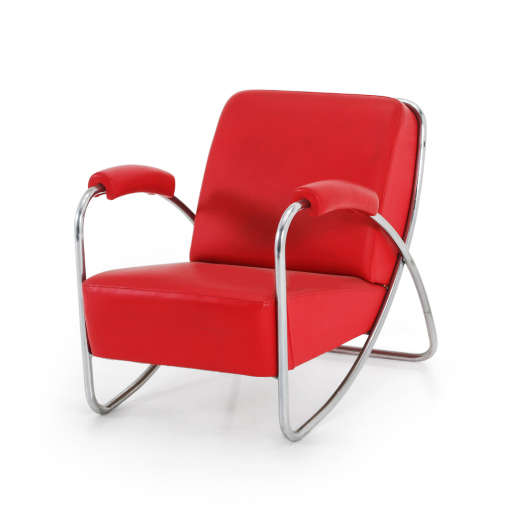 Red Leather / Chrome Deco Armchair