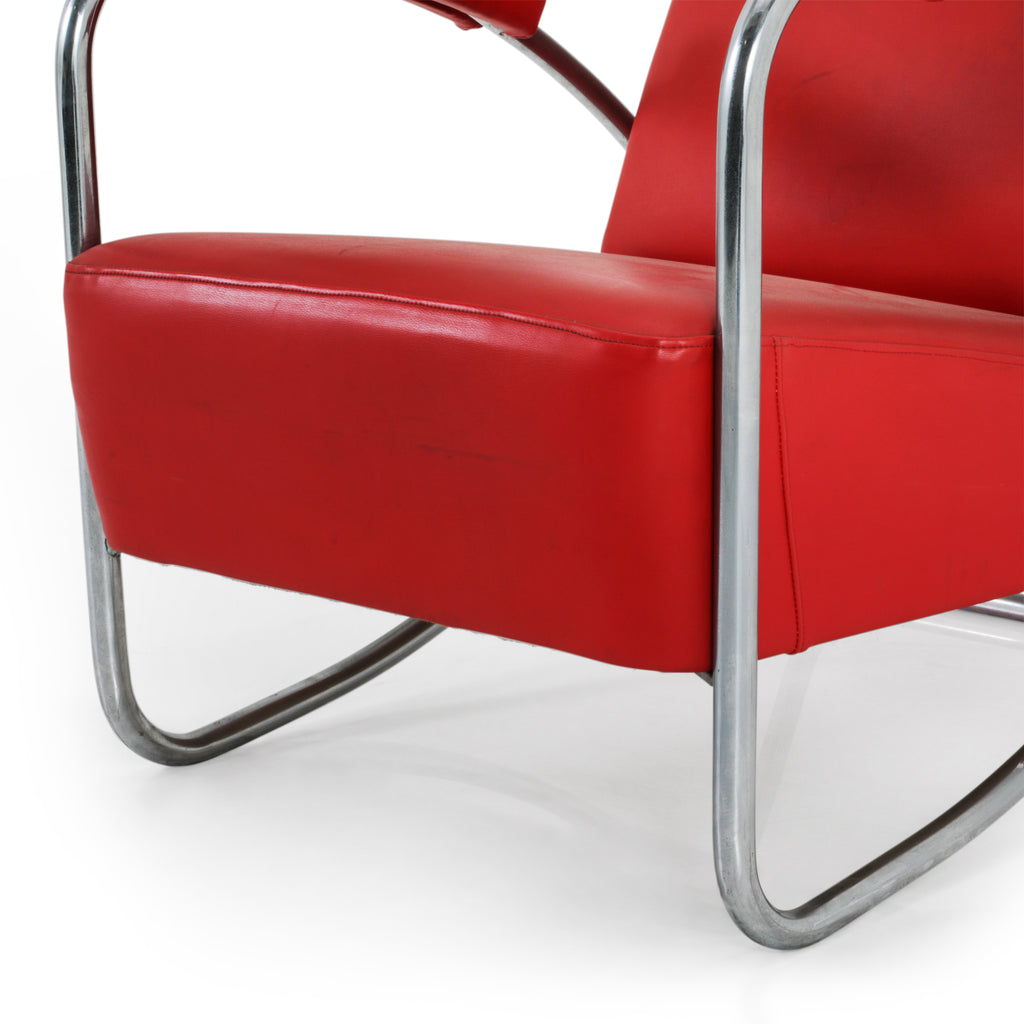 Red Leather / Chrome Deco Armchair